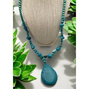 Vintage Faux Turquoise Beaded Necklace With Large Teardrop Pendant